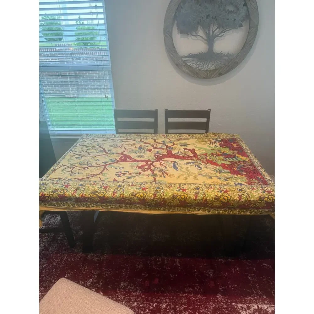 Vintage Indian Tree of Life Cotton Tablecloth 50x80 Floral Bird Boho Cottage